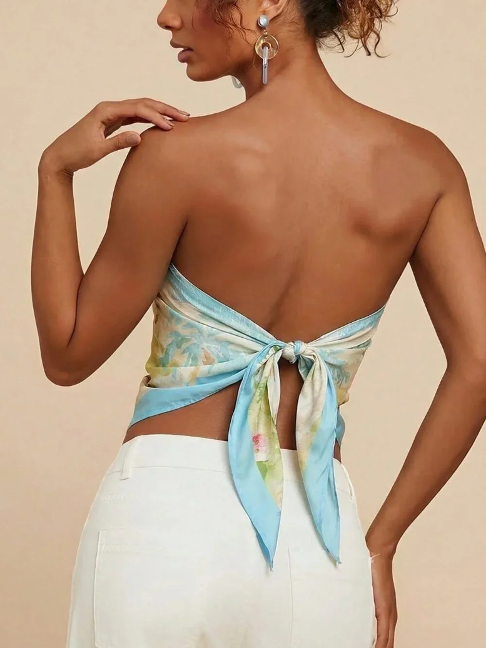 Multicolor Casual Women's Tropical Print Bandeau tie back Top